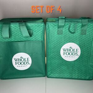 Set of 4! Whole Foods Market Green White Insulated Hot Cold Cooler Tote Bag NEW!